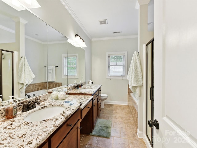 3801 Creek Ridge Dr, Denver, NC 28037 - full bath featuring a shower with shower door, a tub to relax in, crown molding, toilet, and double vanity