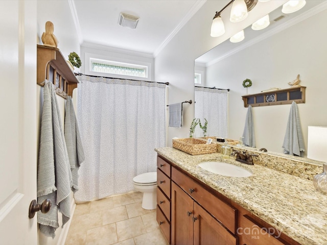 3801 Creek Ridge Dr, Denver, NC 28037 - full bathroom with crown molding, tile patterned flooring, toilet, vanity, and a shower with curtain