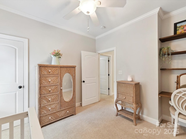 3801 Creek Ridge Dr, Denver, NC 28037 - bedroom with light carpet, ornamental molding, baseboards, a desk, and ceiling fan