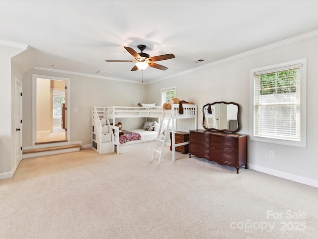 3801 Creek Ridge Dr, Denver, NC 28037 - bedroom featuring multiple windows, baseboards, carpet, crown molding, and ceiling fan