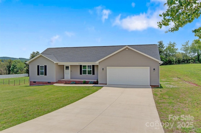 154 Stable Brook Ln, Taylorsville, NC 28681 - single story home featuring crawl space, an attached garage, concrete driveway, and a shingled roof