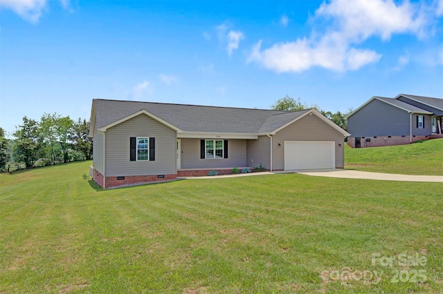 154 Stable Brook Ln, Taylorsville, NC 28681 - single story home with crawl space, an attached garage, a front yard, concrete driveway, and a shingled roof
