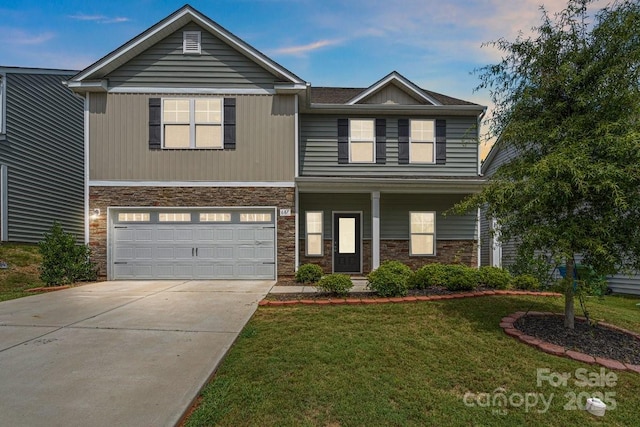 687 Cape Fear St, Fort Mill, SC 29715 - view of front facade featuring stone siding, driveway, a front yard, a garage, and a porch