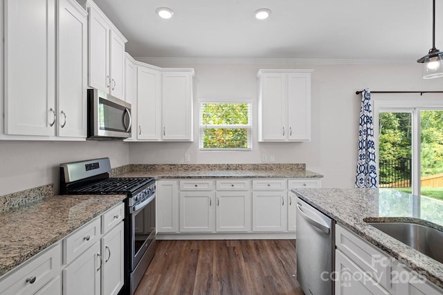 687 Cape Fear St, Fort Mill, SC 29715 - kitchen featuring stainless steel appliances, plenty of natural light, white cabinets, ornamental molding, and recessed lighting