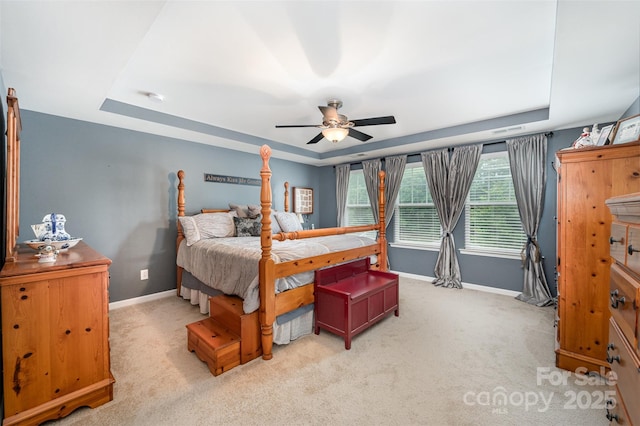 bedroom with a raised ceiling, baseboards, and carpet flooring