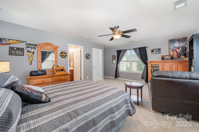 bedroom featuring light carpet, baseboards, and a ceiling fan