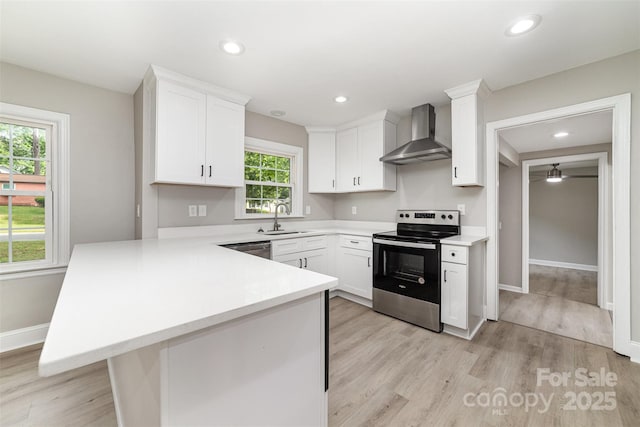 3920 Admiral Ave, Charlotte, NC 28205 - kitchen with appliances with stainless steel finishes, wall chimney exhaust hood, a peninsula, light countertops, and a sink