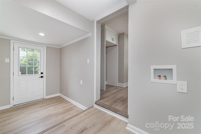 3920 Admiral Ave, Charlotte, NC 28205 - laundry room with washer hookup, light wood-type flooring, baseboards, and ornamental molding