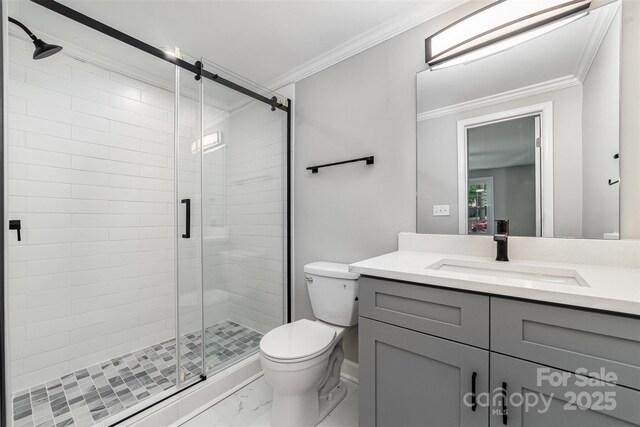 3920 Admiral Ave, Charlotte, NC 28205 - full bathroom featuring marble look tiles, vanity, toilet, crown molding, and a stall shower