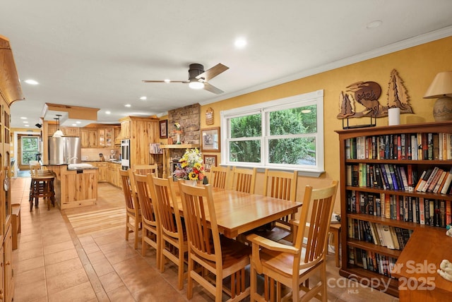 751 Millers Pond Ln, Boone, NC 28607 - dining room with a ceiling fan, recessed lighting, crown molding, and light tile patterned flooring