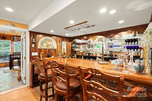 751 Millers Pond Ln, Boone, NC 28607 - indoor wet bar with ornamental molding, wood walls, and recessed lighting