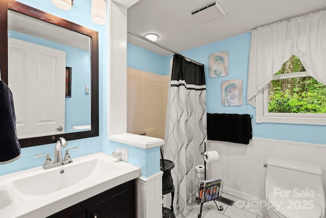 751 Millers Pond Ln, Boone, NC 28607 - bathroom with vanity, a wainscoted wall, curtained shower, and marble finish flooring