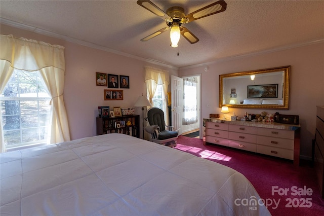 120 Powderhorn Dr, Burnsville, NC 28714 - carpeted bedroom featuring crown molding, multiple windows, a textured ceiling, and ceiling fan