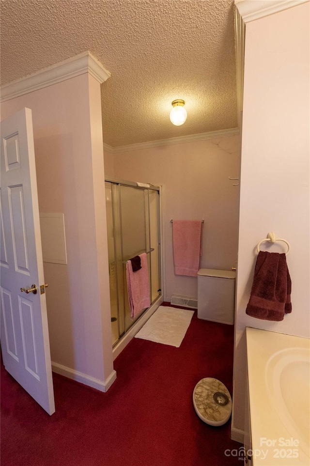 120 Powderhorn Dr, Burnsville, NC 28714 - full bath featuring ornamental molding, a stall shower, a textured ceiling, carpet, and vanity