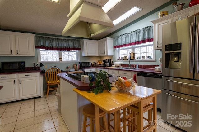 120 Powderhorn Dr, Burnsville, NC 28714 - kitchen featuring stainless steel appliances, vaulted ceiling, dark countertops, and healthy amount of natural light