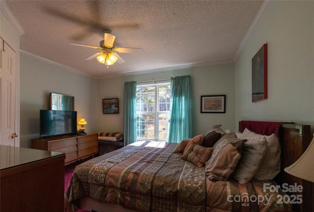 120 Powderhorn Dr, Burnsville, NC 28714 - bedroom featuring ornamental molding, a textured ceiling, and ceiling fan