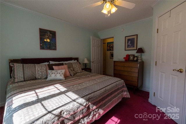 120 Powderhorn Dr, Burnsville, NC 28714 - carpeted bedroom featuring crown molding, a ceiling fan, and baseboards