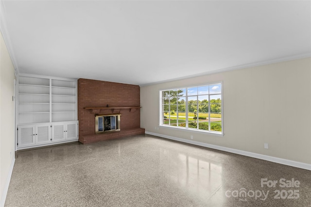 90 Pinewood Rd, Granite Falls, NC 28630 - unfurnished living room with baseboards, built in shelves, a fireplace, and speckled floor