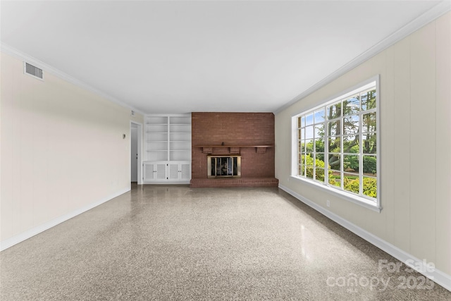 90 Pinewood Rd, Granite Falls, NC 28630 - unfurnished living room featuring baseboards, built in shelves, a fireplace, speckled floor, and ornamental molding