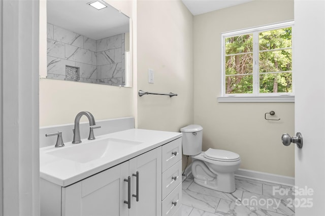 90 Pinewood Rd, Granite Falls, NC 28630 - full bath with marble finish flooring, vanity, toilet, baseboards, and a shower