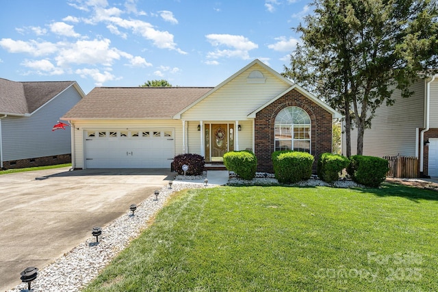 view of front of house with driveway, a garage, brick siding, and a shingled roof