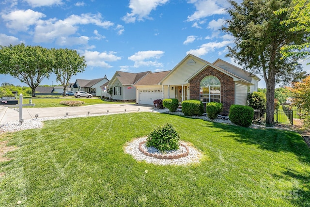 ranch-style house with concrete driveway, a garage, and brick siding