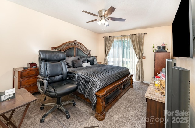 bedroom with access to exterior, carpet flooring, and ceiling fan