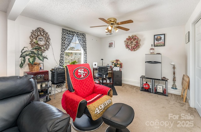 1076 Braxton Dr, Concord, NC 28025 - living area featuring carpet, a ceiling fan, and a textured ceiling