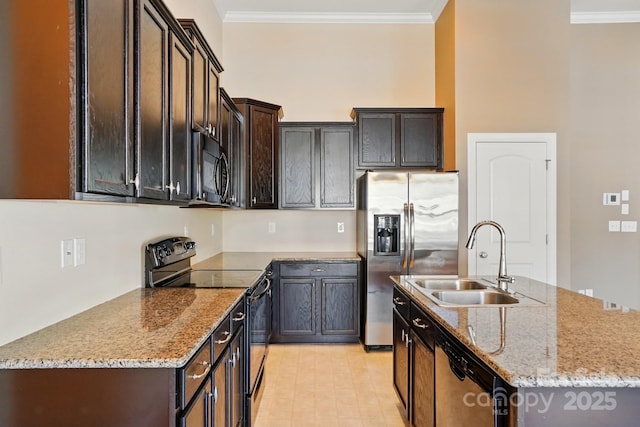 11209 Lazio Ln Unit 1, Charlotte, NC 28277 - kitchen featuring black appliances, a sink, crown molding, a kitchen island with sink, and light stone counters