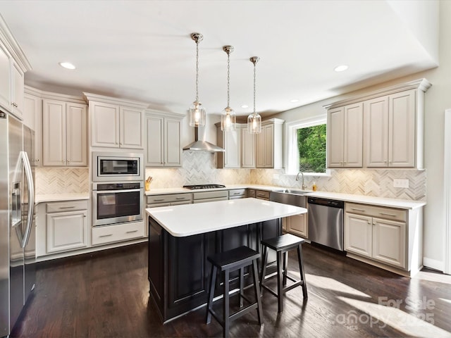 129 Overlook Ridge Ln, Davidson, NC 28036 - kitchen featuring stainless steel appliances, wall chimney exhaust hood, a sink, dark wood-style flooring, and light countertops