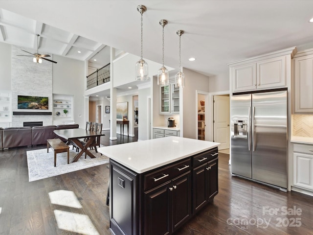 129 Overlook Ridge Ln, Davidson, NC 28036 - kitchen featuring stainless steel fridge with ice dispenser, light countertops, ceiling fan, dark wood finished floors, and recessed lighting