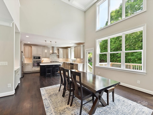 129 Overlook Ridge Ln, Davidson, NC 28036 - dining space with dark wood-type flooring, baseboards, a high ceiling, and recessed lighting