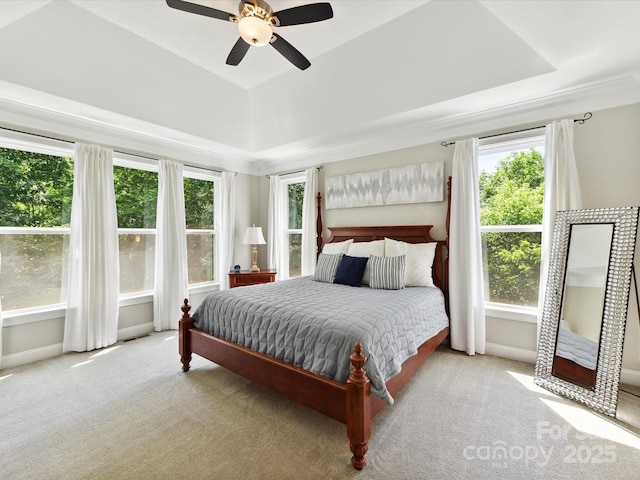129 Overlook Ridge Ln, Davidson, NC 28036 - carpeted bedroom featuring a tray ceiling and a ceiling fan