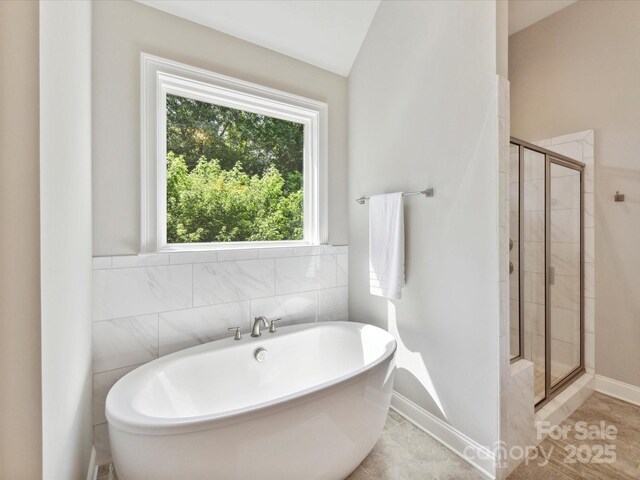 129 Overlook Ridge Ln, Davidson, NC 28036 - bathroom with a shower stall, a freestanding bath, baseboards, and vaulted ceiling