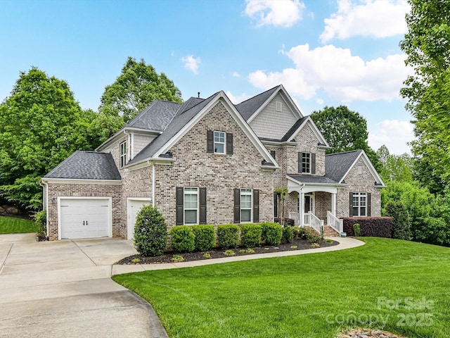 129 Overlook Ridge Ln, Davidson, NC 28036 - craftsman house with driveway, a garage, a front lawn, brick siding, and roof with shingles