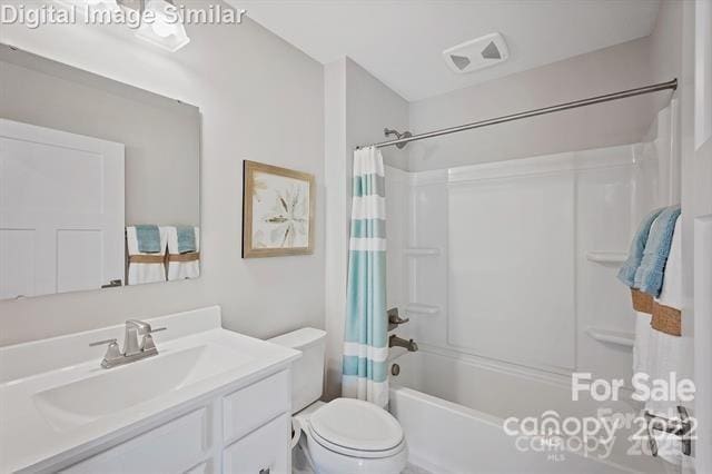 full bath featuring toilet, shower / tub combo with curtain, and vanity