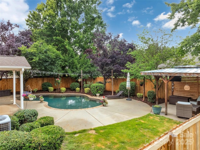 1225 Madison Green Dr, Fort Mill, SC 29715 - view of swimming pool featuring a gazebo, a patio, a fenced backyard, and central AC unit