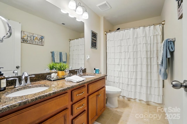 14316 Baytown Ct, Huntersville, NC 28078 - bathroom featuring tile patterned floors, toilet, double vanity, and a shower with shower curtain