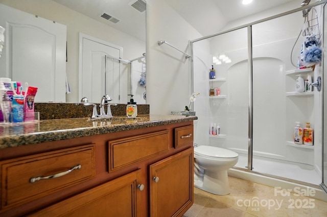 14316 Baytown Ct, Huntersville, NC 28078 - bathroom featuring a stall shower, vanity, tile patterned floors, and toilet