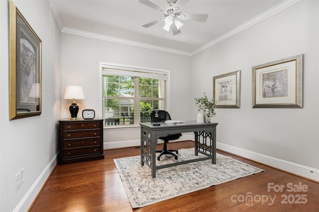 5214 Polo Gate Blvd, Charlotte, NC 28216 - office with crown molding, wood finished floors, a ceiling fan, and baseboards