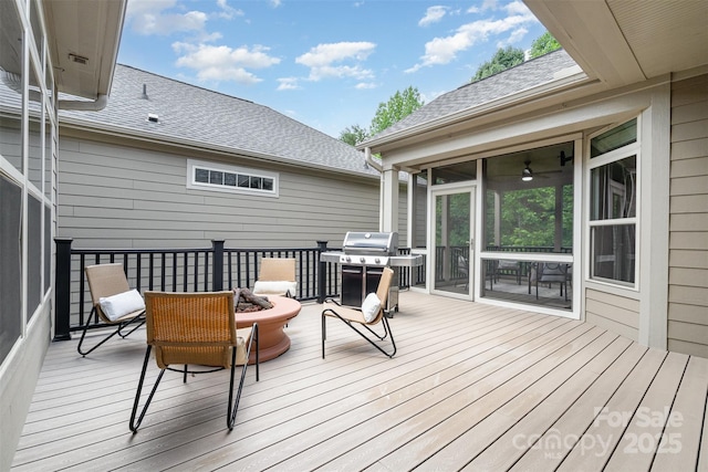 5214 Polo Gate Blvd, Charlotte, NC 28216 - wooden deck featuring a fire pit, a sunroom, and grilling area