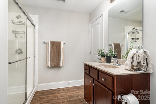 5214 Polo Gate Blvd, Charlotte, NC 28216 - bathroom featuring a shower stall, vanity, wood finished floors, and baseboards