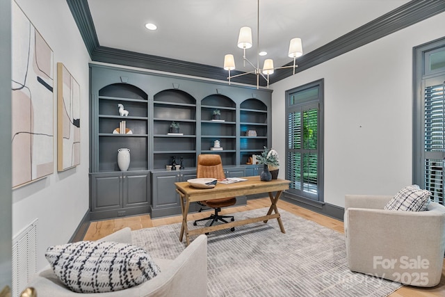 4920 Parview Dr S, Charlotte, NC 28226 - office area with ornamental molding, a chandelier, light wood-style flooring, baseboards, and recessed lighting