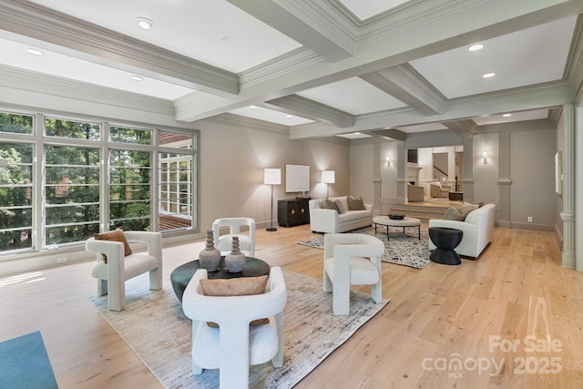 4920 Parview Dr S, Charlotte, NC 28226 - living room featuring beamed ceiling, ornamental molding, light wood-style flooring, baseboards, and coffered ceiling