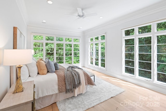4920 Parview Dr S, Charlotte, NC 28226 - bedroom featuring ornamental molding, wood finished floors, recessed lighting, and ceiling fan