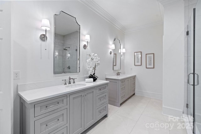 4920 Parview Dr S, Charlotte, NC 28226 - bathroom with a stall shower, ornamental molding, two vanities, and baseboards