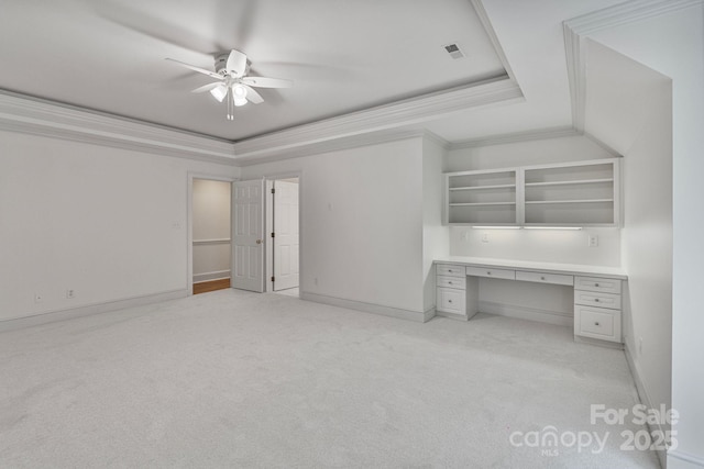 4920 Parview Dr S, Charlotte, NC 28226 - unfurnished office with a raised ceiling, a ceiling fan, light carpet, and ornamental molding