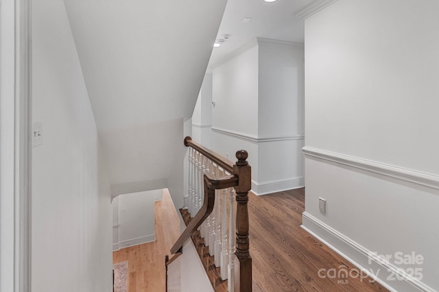 4920 Parview Dr S, Charlotte, NC 28226 - stairs featuring baseboards, wood finished floors, and ornamental molding
