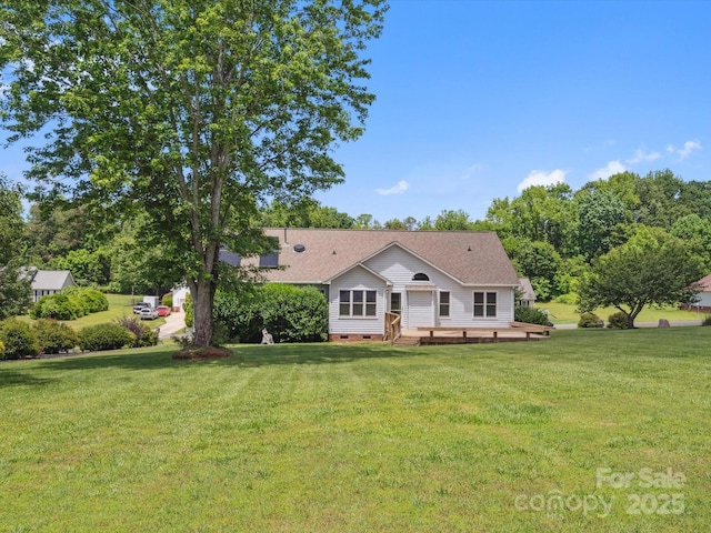 1028 Swaying Oats Dr, York, SC 29745 - view of front of home with crawl space, a front yard, a wooden deck, and a shingled roof