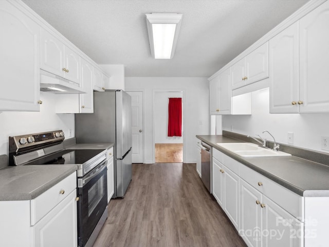1028 Swaying Oats Dr, York, SC 29745 - kitchen with stainless steel appliances, under cabinet range hood, a sink, dark wood-style floors, and white cabinets